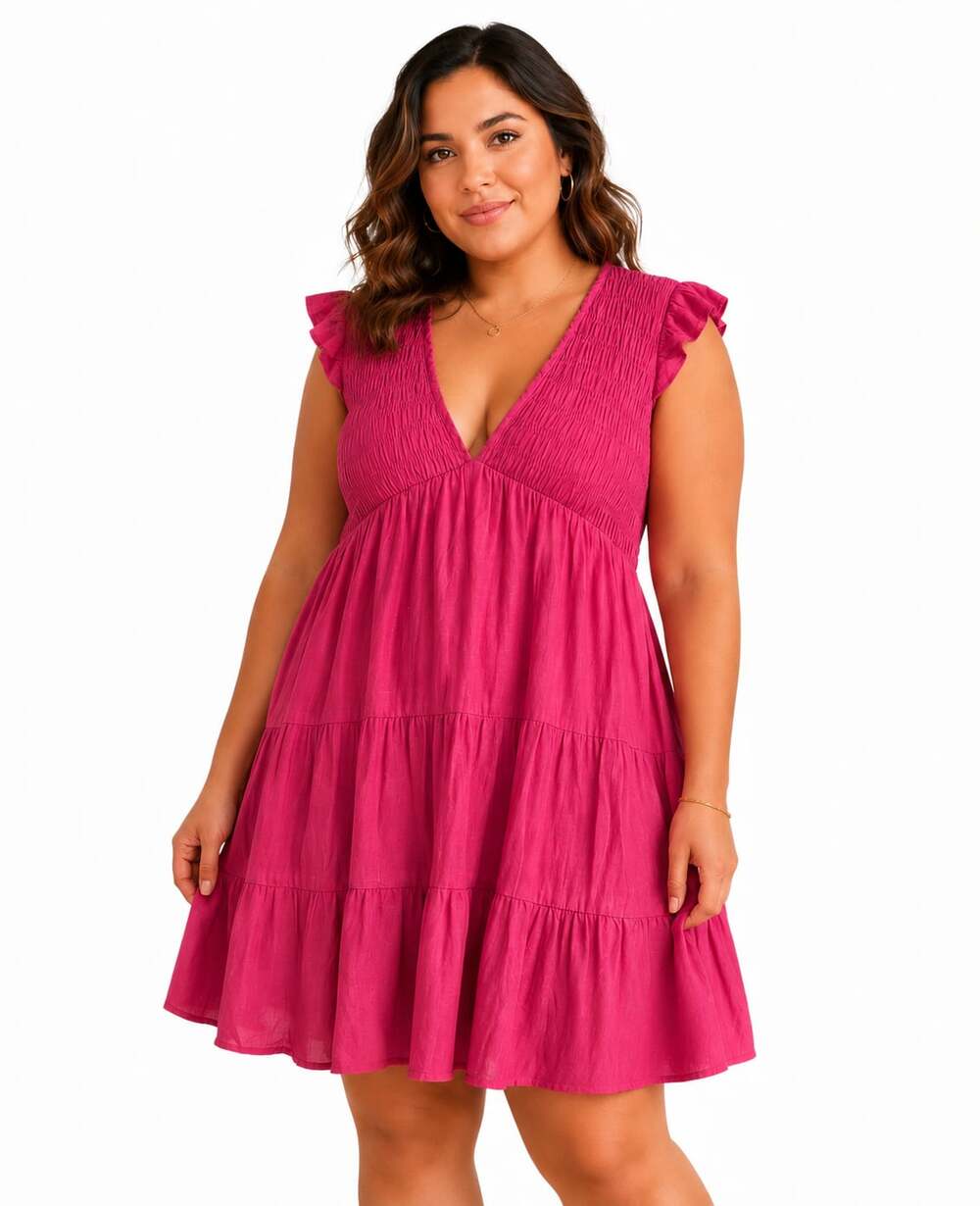 Altar'd State Pink Smocked Tiered Ruffle Sleeve Mini Dress
